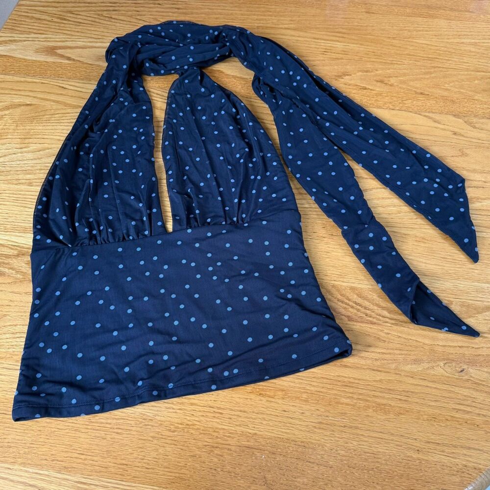 Abercrombie & Fitch mesh multiway tie up top in navy polka dot